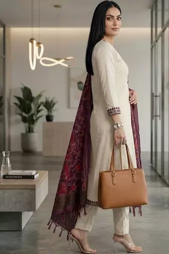 Women Embroidered Regular Thread Work Kurta with Trousers & With Dupatta