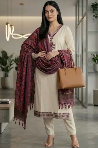 Women Embroidered Regular Thread Work Kurta with Trousers & With Dupatta