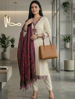 Women Embroidered Regular Thread Work Kurta with Trousers & With Dupatta 4