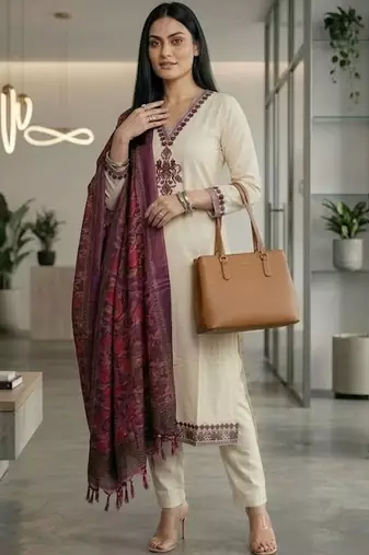 Women Embroidered Regular Thread Work Kurta with Trousers & With Dupatta