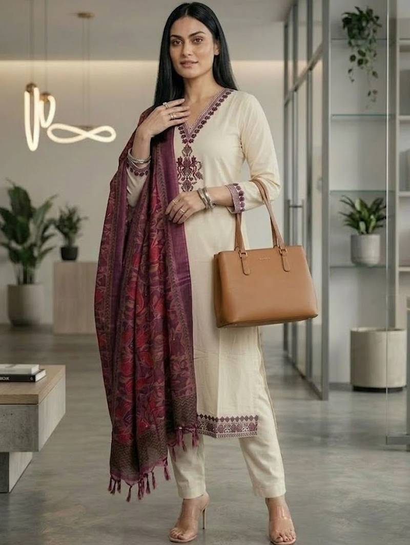 Women Embroidered Regular Thread Work Kurta with Trousers & With Dupatta