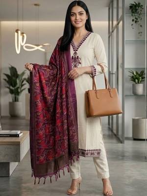 Women Embroidered Regular Thread Work Kurta with Trousers & With Dupatta 5