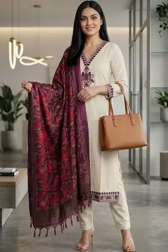 Women Embroidered Regular Thread Work Kurta with Trousers & With Dupatta