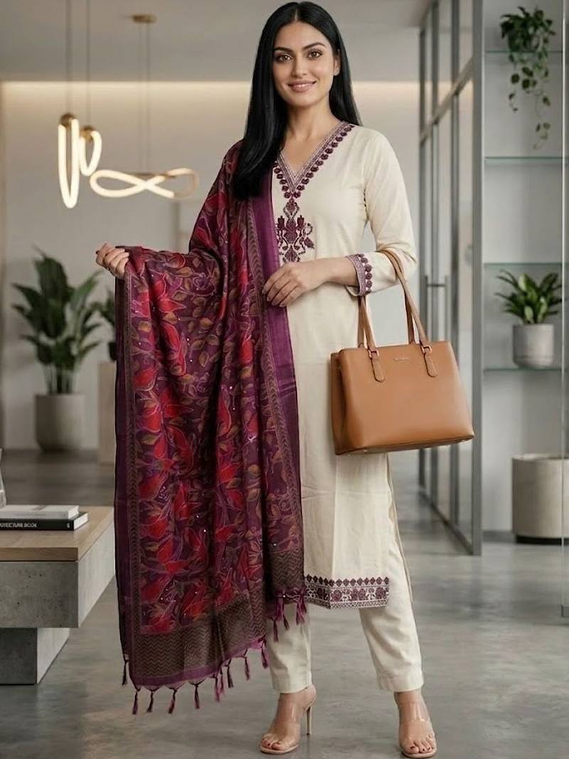 Women Embroidered Regular Thread Work Kurta with Trousers & With Dupatta