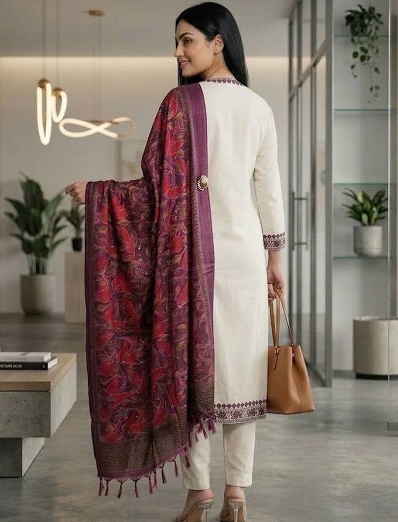 Women Embroidered Regular Thread Work Kurta with Trousers & With Dupatta