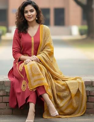 Women Ethnic Motifs Embroidered Panelled Thread Work Pure Cotton Kurta with Trousers & With Dupatta 1