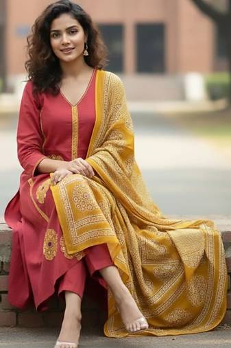 Women Ethnic Motifs Embroidered Panelled Thread Work Pure Cotton Kurta with Trousers & With Dupatta