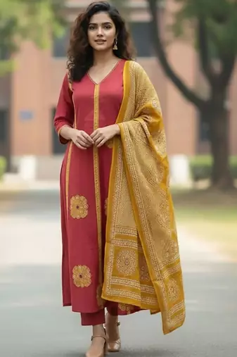 Women Ethnic Motifs Embroidered Panelled Thread Work Pure Cotton Kurta with Trousers & With Dupatta