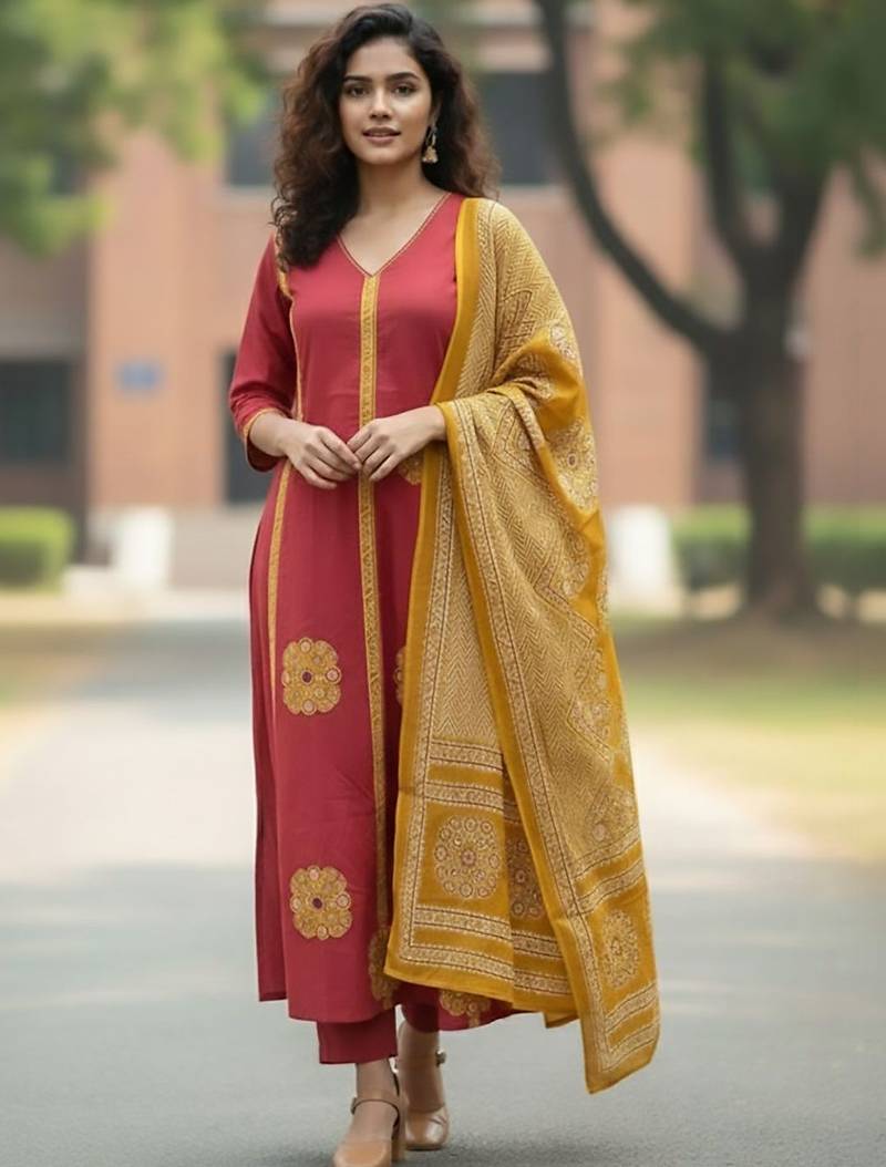 Women Ethnic Motifs Embroidered Panelled Thread Work Pure Cotton Kurta with Trousers & With Dupatta
