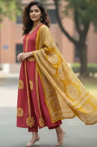 Women Ethnic Motifs Embroidered Panelled Thread Work Pure Cotton Kurta with Trousers & With Dupatta