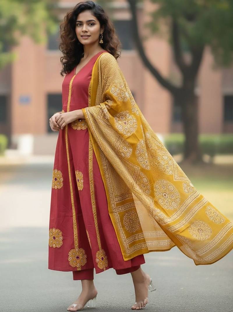Women Ethnic Motifs Embroidered Panelled Thread Work Pure Cotton Kurta with Trousers & With Dupatta