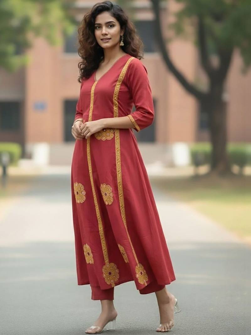 Women Ethnic Motifs Embroidered Panelled Thread Work Pure Cotton Kurta with Trousers & With Dupatta
