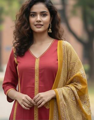 Women Ethnic Motifs Embroidered Panelled Thread Work Pure Cotton Kurta with Trousers & With Dupatta 6