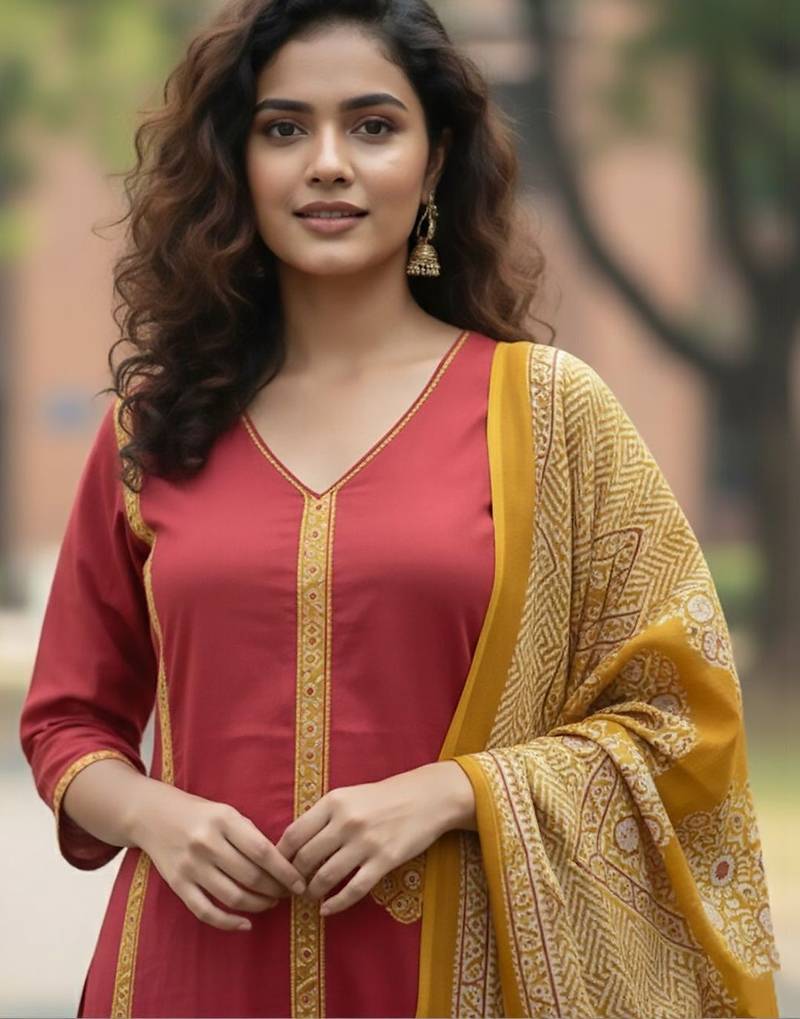 Women Ethnic Motifs Embroidered Panelled Thread Work Pure Cotton Kurta with Trousers & With Dupatta