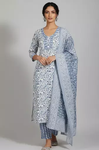 Women Floral Printed Regular Pure Cotton Kurta with Trousers & With Dupatta
