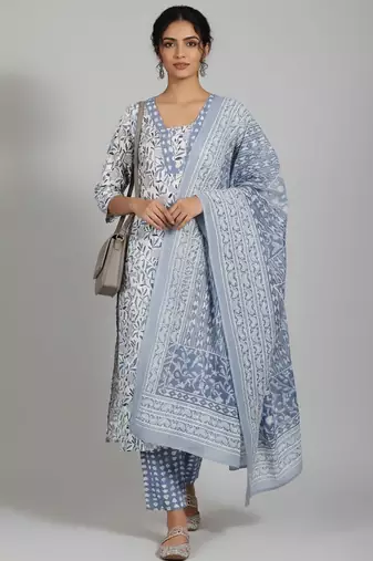 Women Floral Printed Regular Pure Cotton Kurta with Trousers & With Dupatta