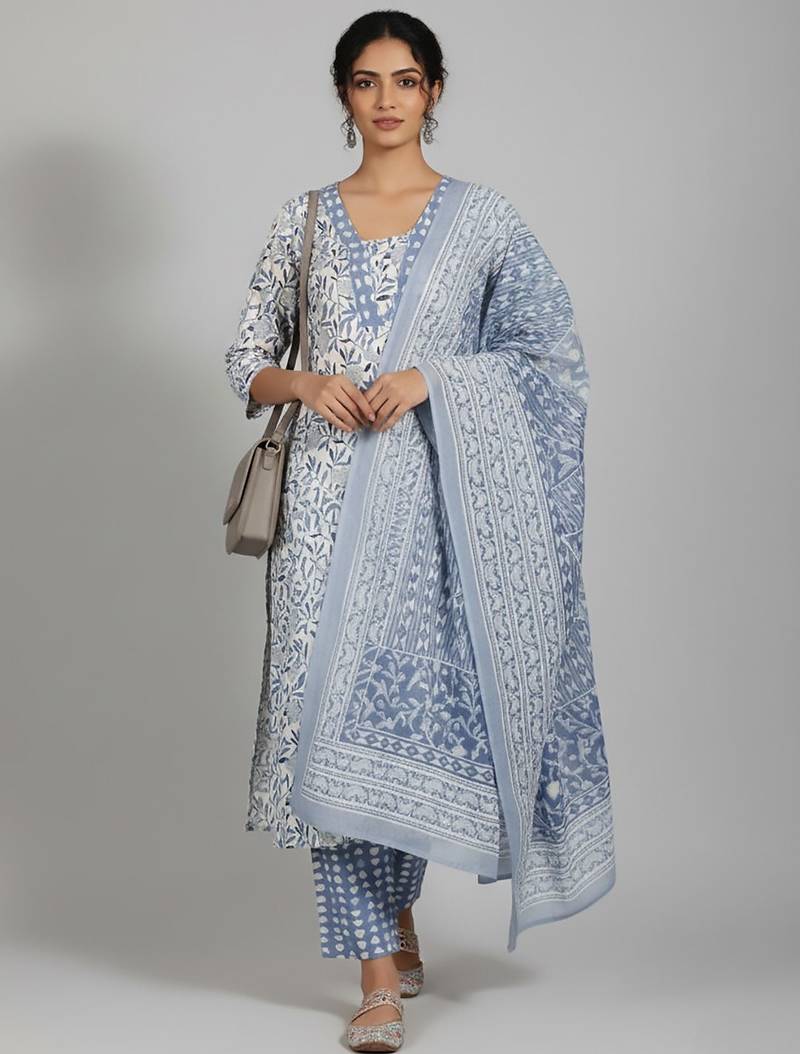 Women Floral Printed Regular Pure Cotton Kurta with Trousers & With Dupatta