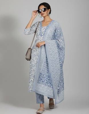 Women Floral Printed Regular Pure Cotton Kurta with Trousers & With Dupatta 6