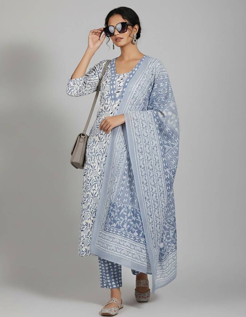 Women Floral Printed Regular Pure Cotton Kurta with Trousers & With Dupatta