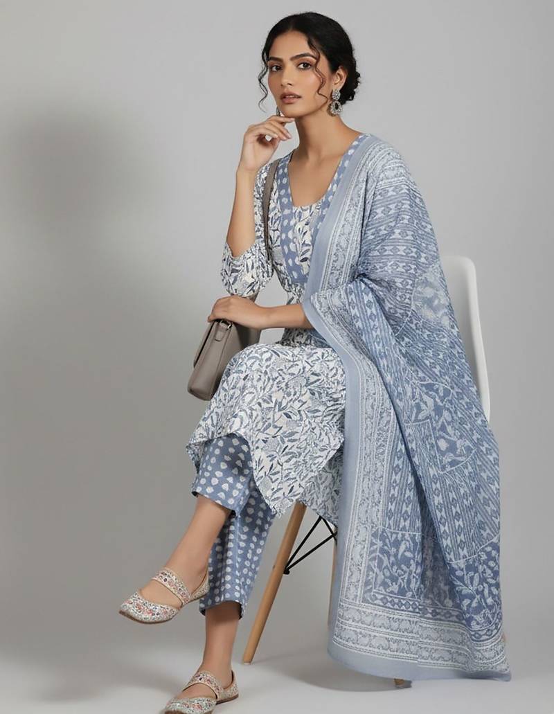 Women Floral Printed Regular Pure Cotton Kurta with Trousers & With Dupatta