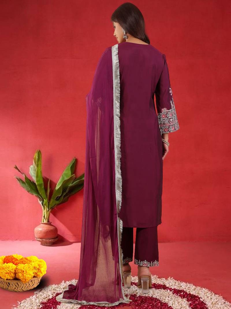 Floral Embroidered Notch Neck Zari Straight Kurta With Trousers And Dupatta