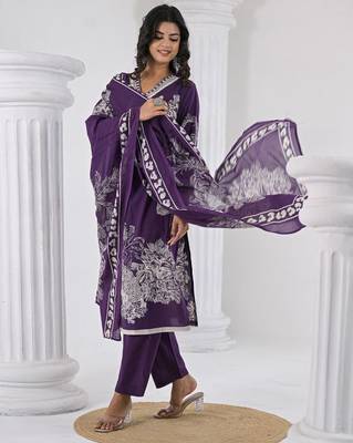 Women Printed Regular Thread Work Pure Cotton Kurta with Trousers & With Dupatta 4