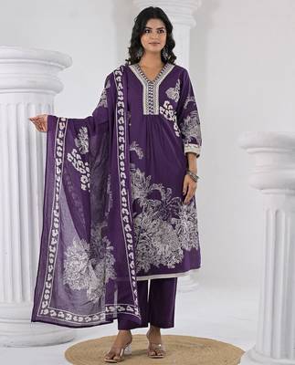 Women Printed Regular Thread Work Pure Cotton Kurta with Trousers & With Dupatta 6