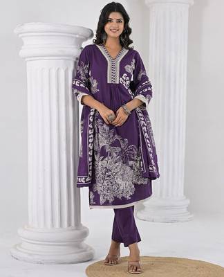 Women Printed Regular Thread Work Pure Cotton Kurta with Trousers & With Dupatta 7
