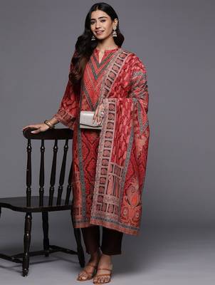 Red Paisley Printed Mandarin Collar Kurta With Trousers & Dupatta 1