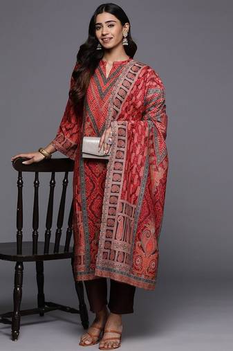 Red Paisley Printed Mandarin Collar Kurta With Trousers & Dupatta