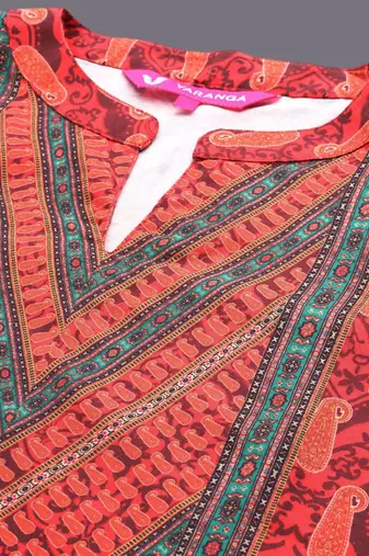 Red Paisley Printed Mandarin Collar Kurta With Trousers & Dupatta