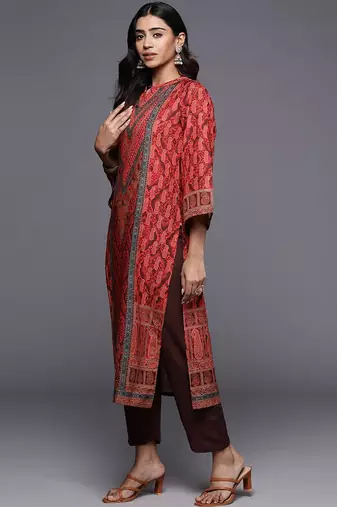 Red Paisley Printed Mandarin Collar Kurta With Trousers & Dupatta