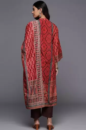 Red Paisley Printed Mandarin Collar Kurta With Trousers & Dupatta