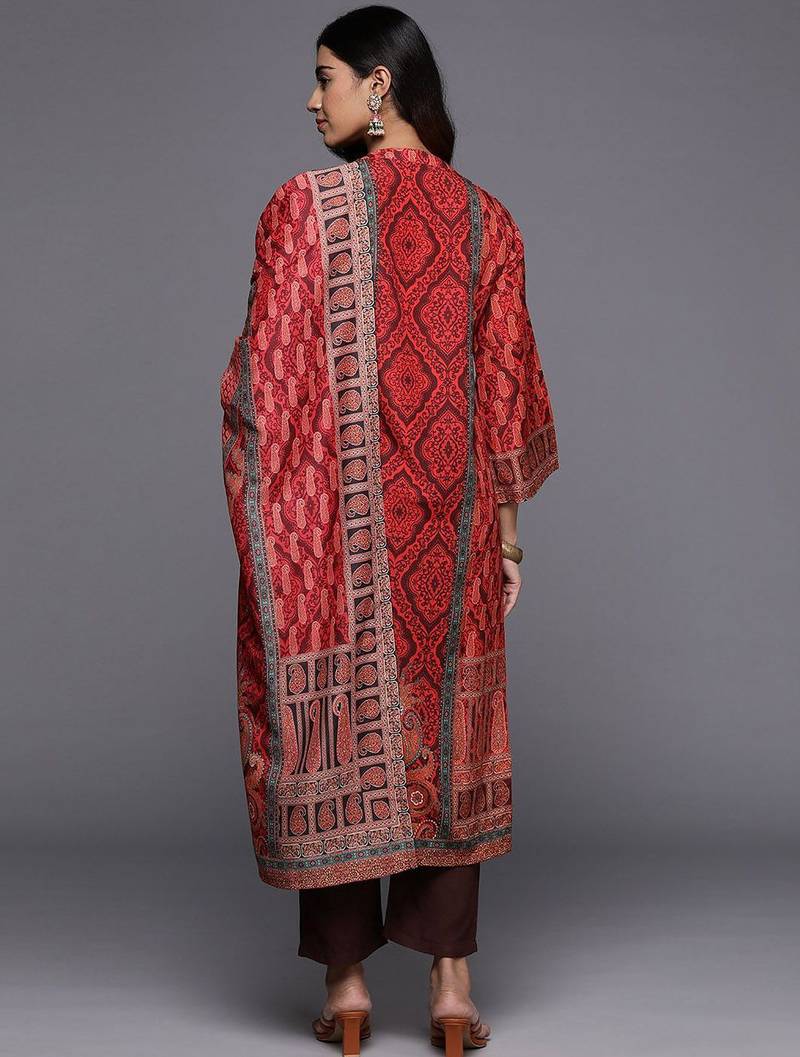 Red Paisley Printed Mandarin Collar Kurta With Trousers & Dupatta