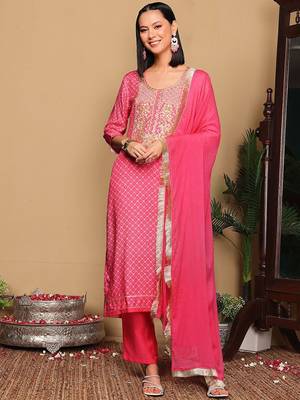 Pink Bandhani Embroidered Zari Straight Pure Cotton Kurta With Trousers & Dupatta 1