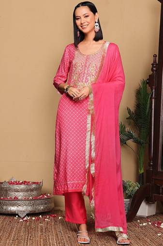 pink bandhani embroidered zari straight  cotton kurta with trousers & dupatta