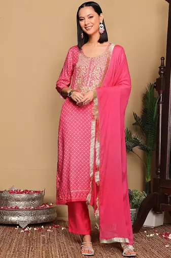 Pink Bandhani Embroidered Zari Straight Pure Cotton Kurta With Trousers & Dupatta