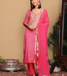 Pink Bandhani Embroidered Zari Straight Pure Cotton Kurta With Trousers & Dupatta