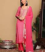 Pink Bandhani Embroidered Zari Straight Pure Cotton Kurta With Trousers & Dupatta