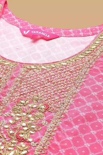 Pink Bandhani Embroidered Zari Straight Pure Cotton Kurta With Trousers & Dupatta