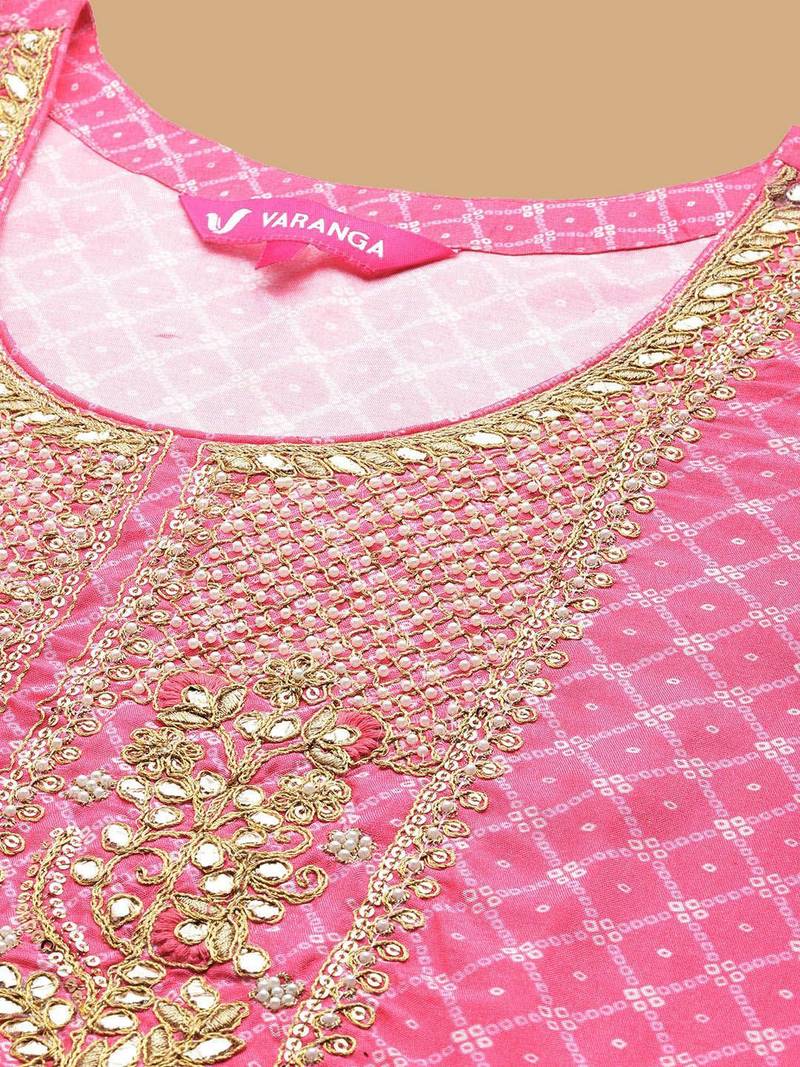 Pink Bandhani Embroidered Zari Straight Pure Cotton Kurta With Trousers & Dupatta