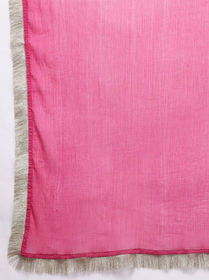 Pink Bandhani Embroidered Zari Straight Pure Cotton Kurta With Trousers & Dupatta