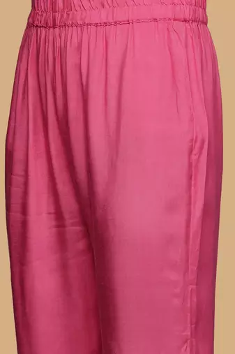 Pink Bandhani Embroidered Zari Straight Pure Cotton Kurta With Trousers & Dupatta