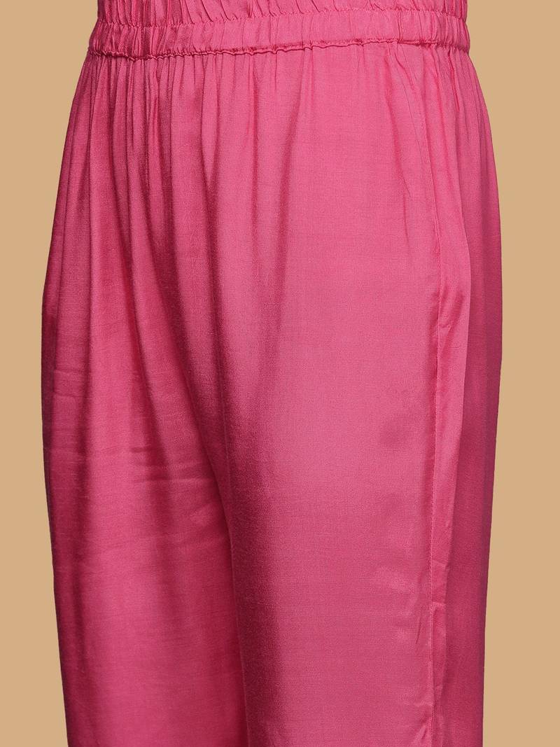 Pink Bandhani Embroidered Zari Straight Pure Cotton Kurta With Trousers & Dupatta