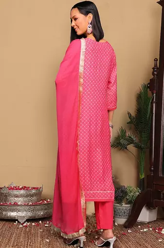 Pink Bandhani Embroidered Zari Straight Pure Cotton Kurta With Trousers & Dupatta