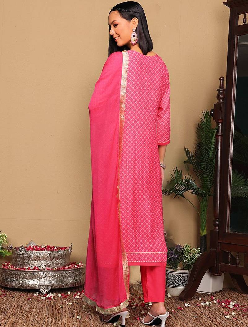Pink Bandhani Embroidered Zari Straight Pure Cotton Kurta With Trousers & Dupatta
