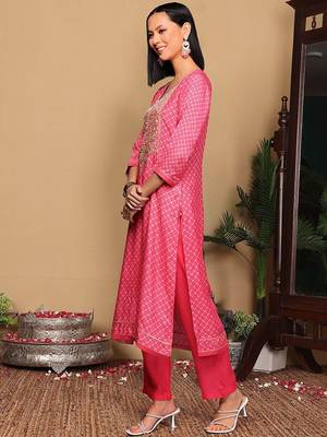 Pink Bandhani Embroidered Zari Straight Pure Cotton Kurta With Trousers & Dupatta 6