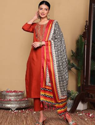 Rust Floral Embroidered Thread Work Kurta With Trousers & Dupatta 1