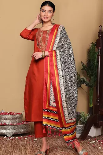 Rust Floral Embroidered Thread Work Kurta With Trousers & Dupatta