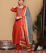 Rust Floral Embroidered Thread Work Kurta With Trousers & Dupatta